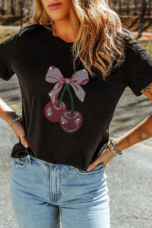 Black t-shirt with rhinestone cherry bow graphic detail.