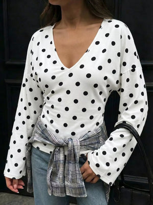 Black Polka Dot V-neck Long Sleeve T-shirt