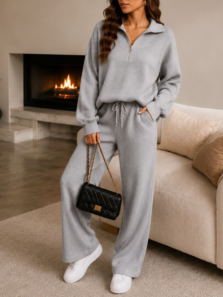 Dusty Blue lounge set with quarter-zip, drawstring and ribbed