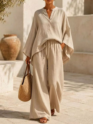 White Notched Long Sleeve Top And Wide-leg Pants Set