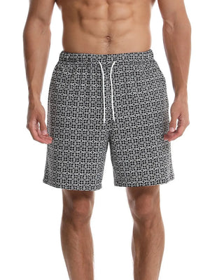 Black geometric print boardshorts with white drawstring and elastic waist.