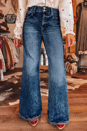 75% cotton, 23% polyester, 2% elastane Care instructions: Machine wash cold flare jeans in medium wash blue with flared