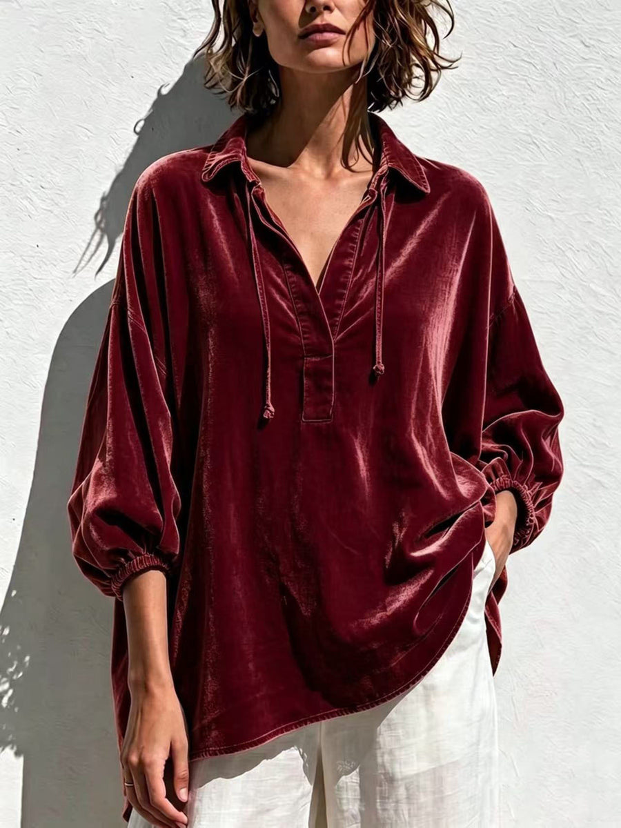 Oversized Velvet Collared Drawstring Blouse in Light Blue with collared