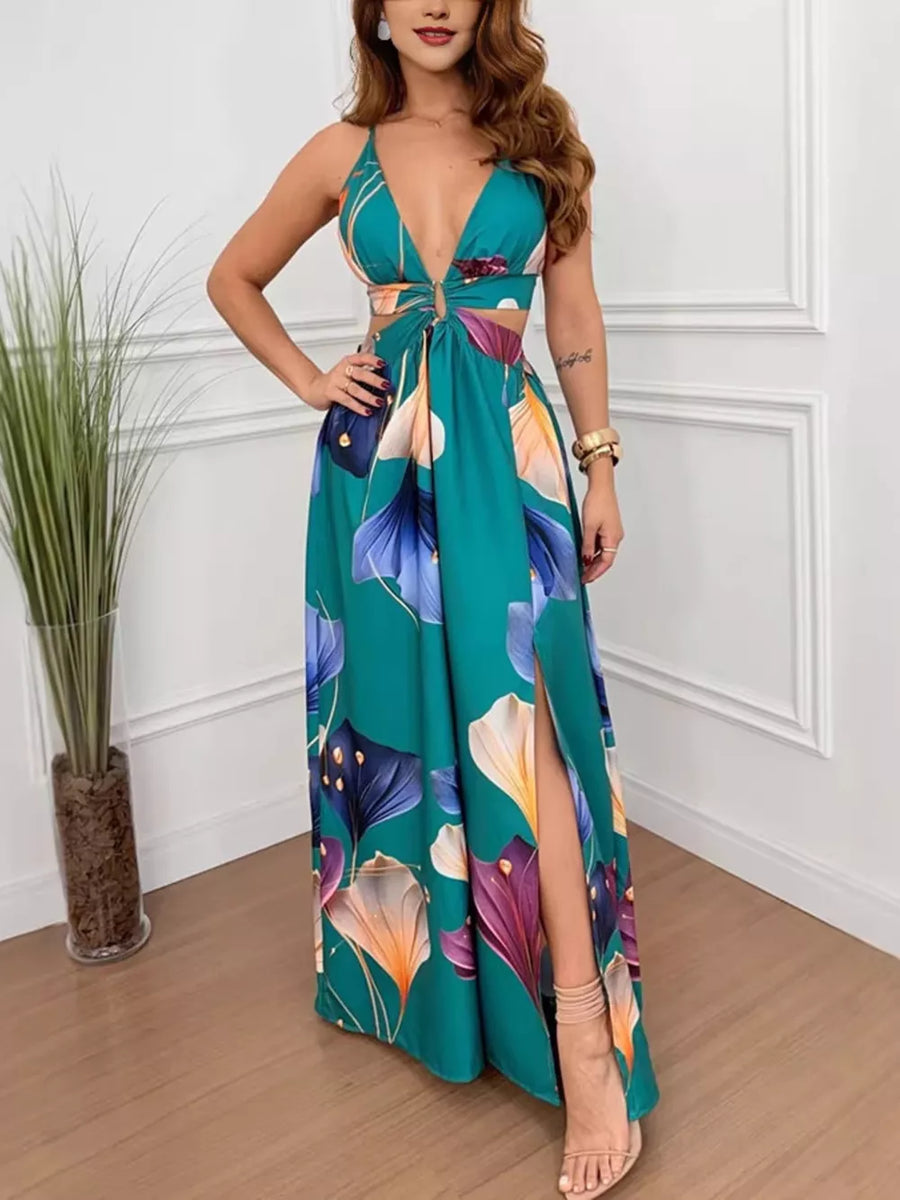 Teal floral maxi dress with plunging neckline, cutout sides, decorative ring, and thigh-high slit.