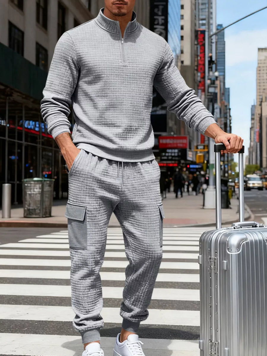 lounge set in light gray featuring pocketed and relaxed fit