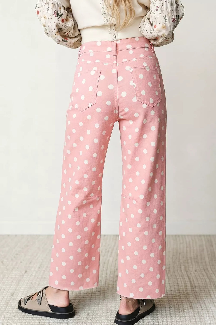 Polka Dot Wide Leg Jeans in Blush Pink