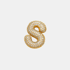 Puffed gold initial S necklace with clear zirconia stones