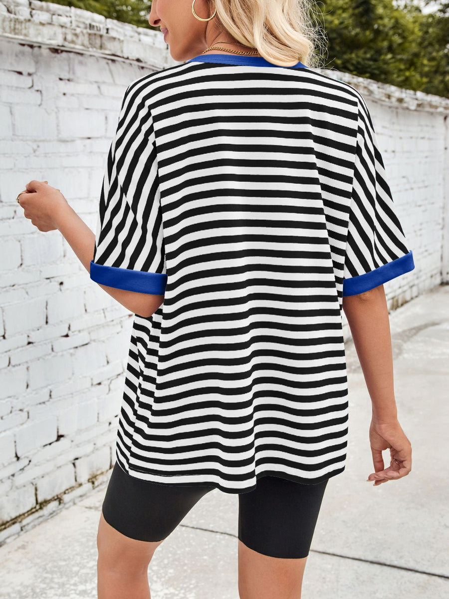 Striped Breton tee with royal blue trim and neckline.