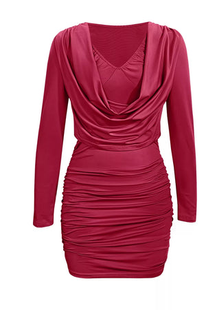 Ruched Cowl Neck Long Sleeve Mini Dress, view 19