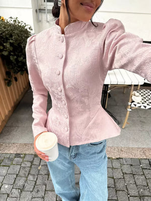 Jacquard Peplum Puff Sleeve Jacket in Pink