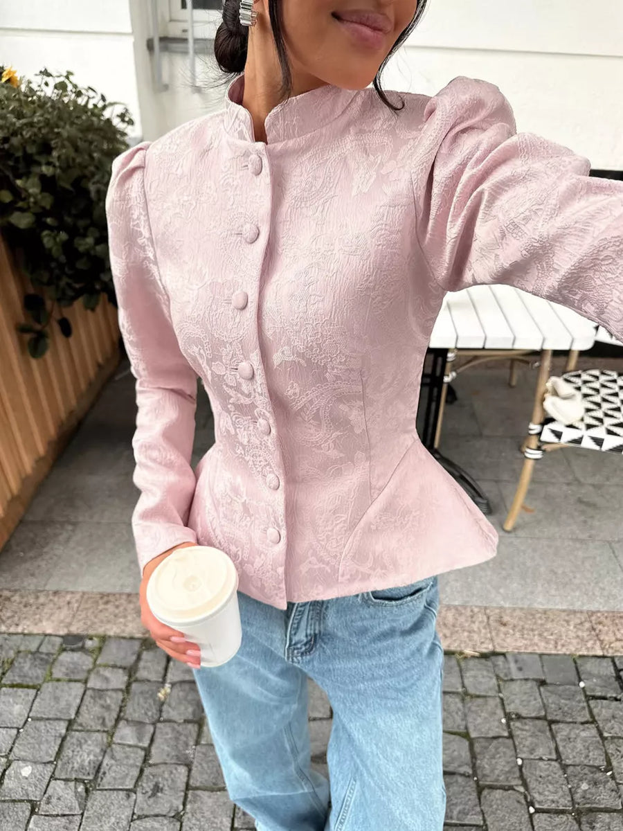 Jacquard Peplum Puff Sleeve Jacket in Pink