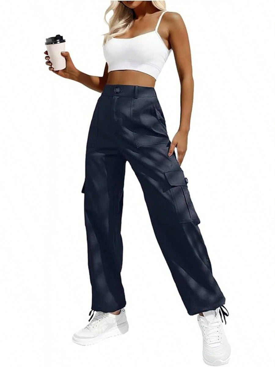 High-Waisted Cargo Pants With Drawstring Cuffs in Black with pocketed