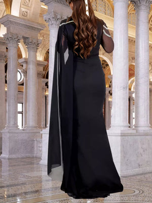 Silver maxi dress featuring mesh and geometric