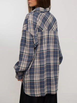 Plaid button-down shirt with tunic-length and button-front