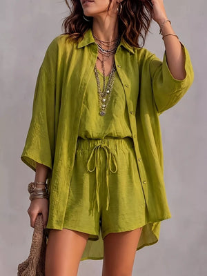 100% polyester Care instructions: Machine wash cold lounge set in Olive with relaxed silhouette