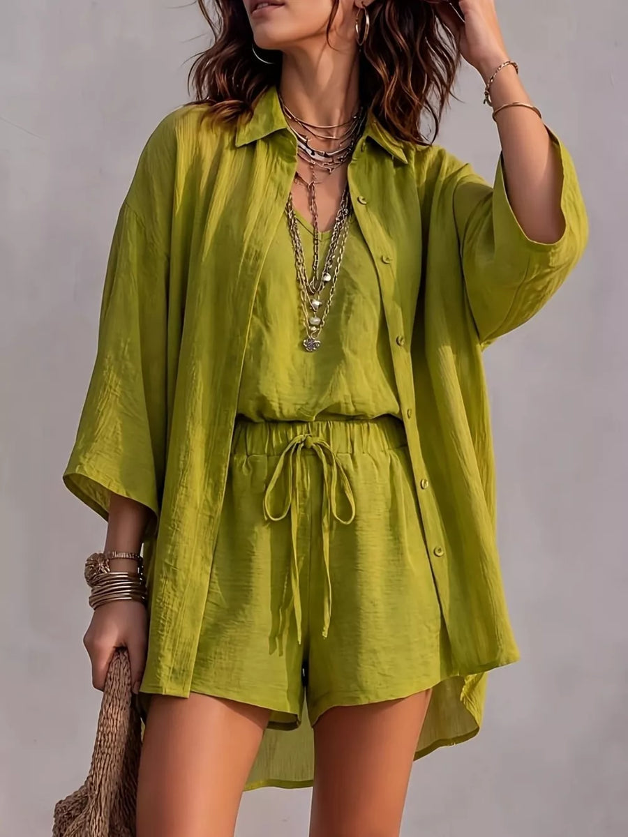 100% polyester Care instructions: Machine wash cold lounge set in Olive with relaxed silhouette