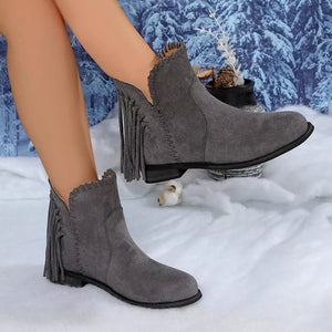 Fringe Point Toe Ankle Boots in Brown with fringe detail