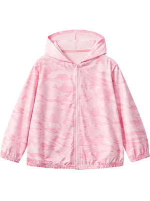 Lightweight pink camouflage hooded jacket for kids with full zip and elastic cuffs.