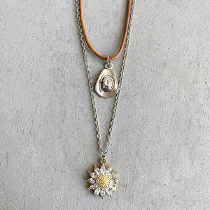 Layered necklace set with cowboy hat charm and crystal sunflower pendant, alloy.