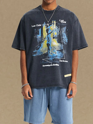 Black vintage graphic tee with apocalyptic scene print and distressed details.
