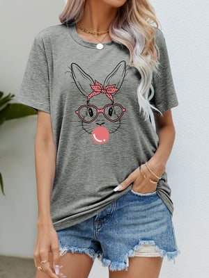 Heather Gray t-shirt with a graphic print of a bunny wearing a pink bandana, glasses, and blowing bubblegum.
