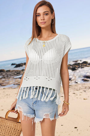 White open-knit cover-up with short sleeves and tassel hem detail.