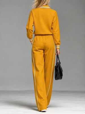 mustard yellow sweatshirt and pants set with striped and collared