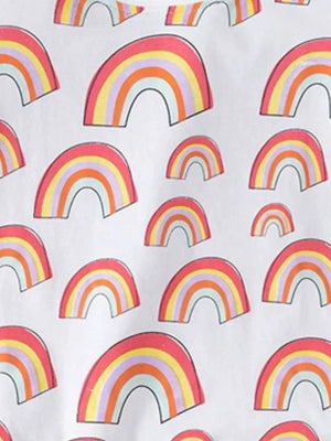Toddler t-shirt with pastel rainbow print, crewneck, short sleeves, cotton fabric.