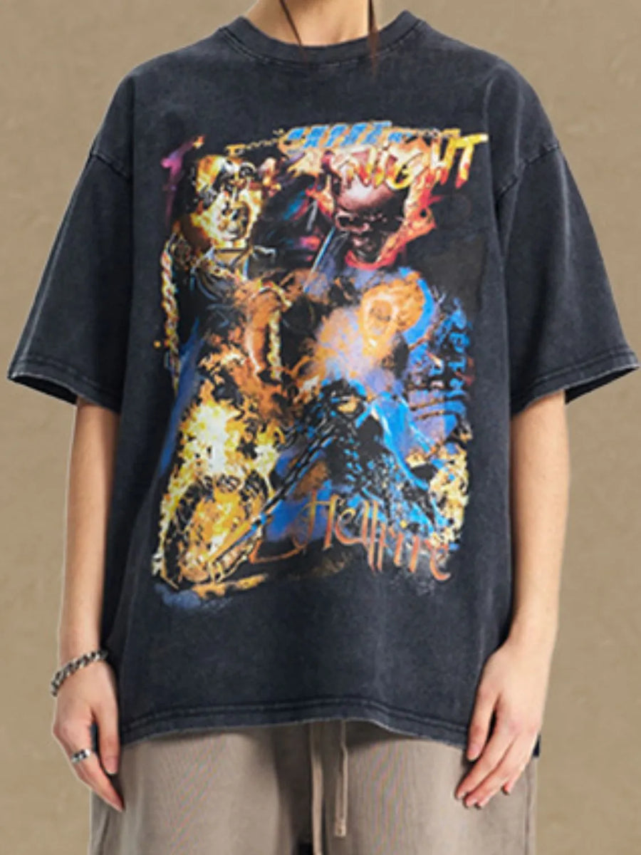 Black oversized graphic tee with bold fire and skull print