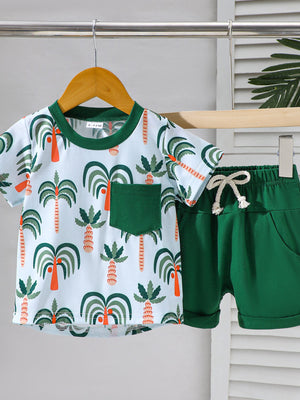 Baby tropical print tee and shorts set in yellow with green trim and pocket