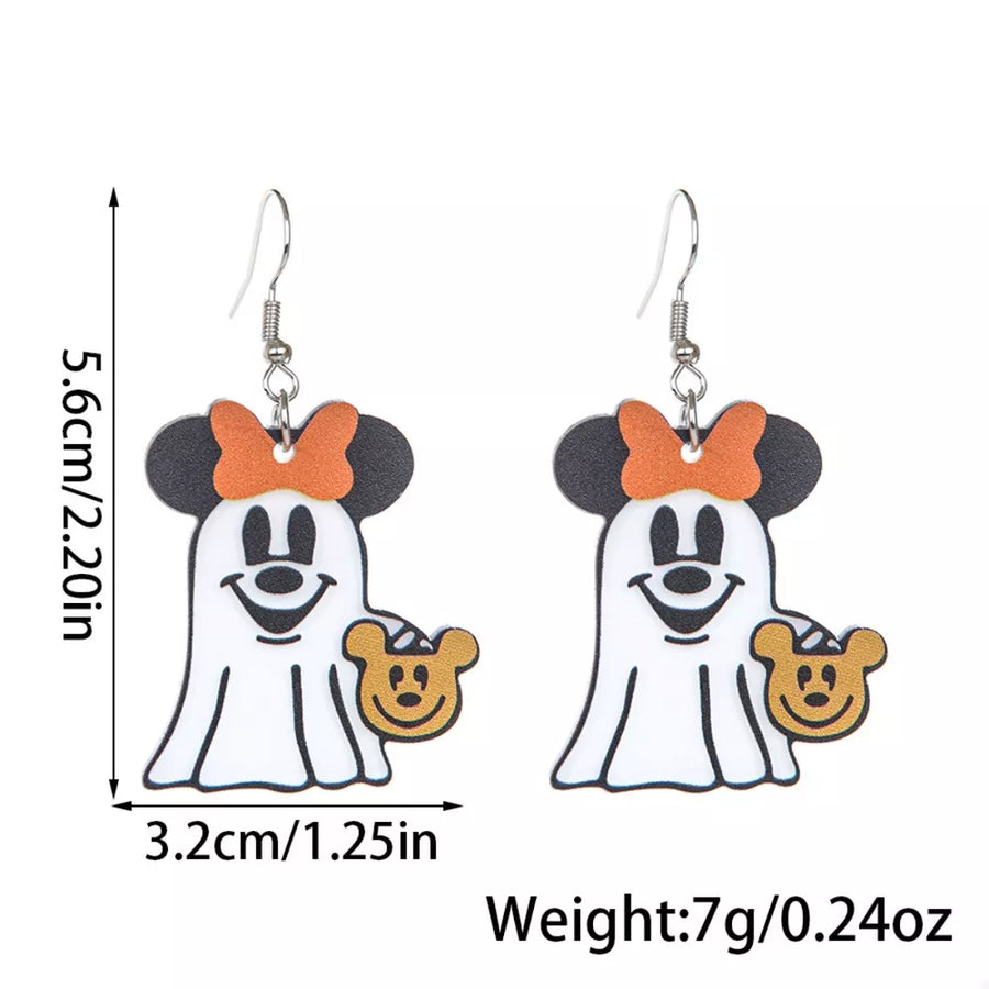 Charming ghost Mickey dangle earrings in black with orange bows, holding pumpkin Mickey heads.