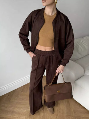 Zip Up Sweatshirt And Wide-leg Pants Set in Brown with pocketed