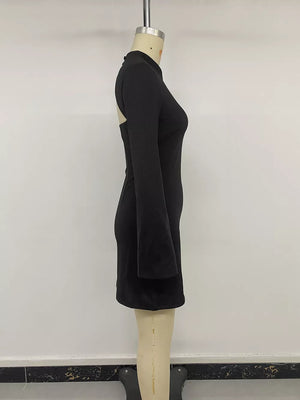mini dress in Black with mandarin collar and long sleeve
