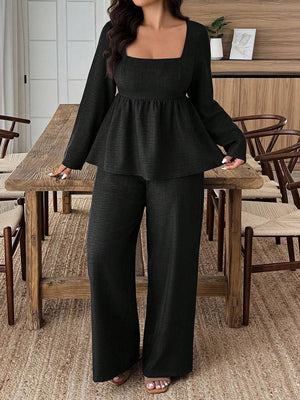 Black ruched square neck peplum top and wide-leg pants set