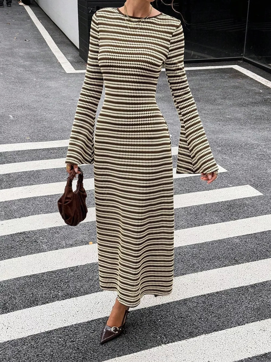 sweater dress featuring striped in Brown with 95% polyester, 5% elastane Care instructions: Machine wash cold texture