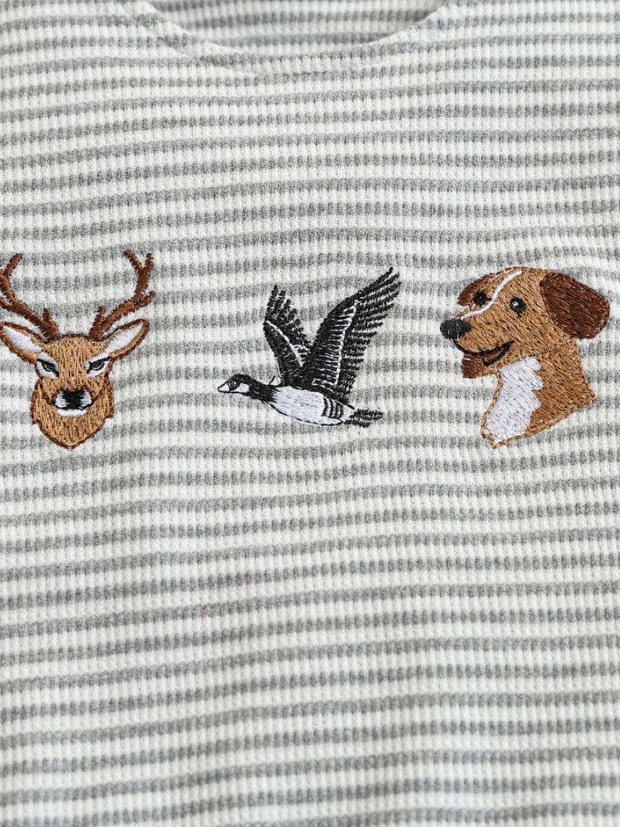 Baby one-piece with grey and white stripes and embroidered deer, duck, and dog faces.