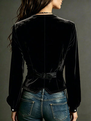Button Down Plunge Velvet Shirt in Black