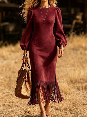 Camel fitted midi dress with round neck