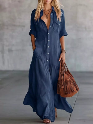 Gray Button Front Roll-up Sleeve Maxi Dress Plus Size