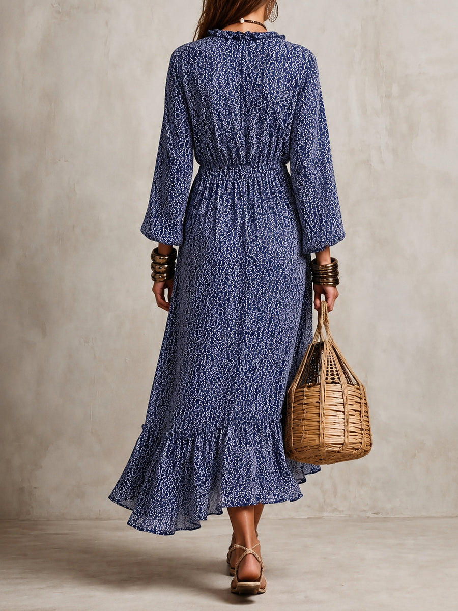 white midi dress featuring ruffled and ditsy floral