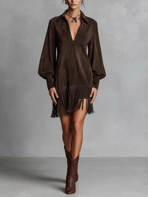 mini dress in dark brown featuring fringe and A-line fit
