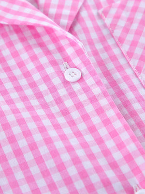 Gingham Button-down Top And Pants Loungewear Set in Fuchsia Pink with buttoned