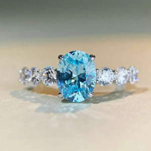 925 Sterling Silver Oval Ring With Diamonds in Pastel Blue with oval cut stone