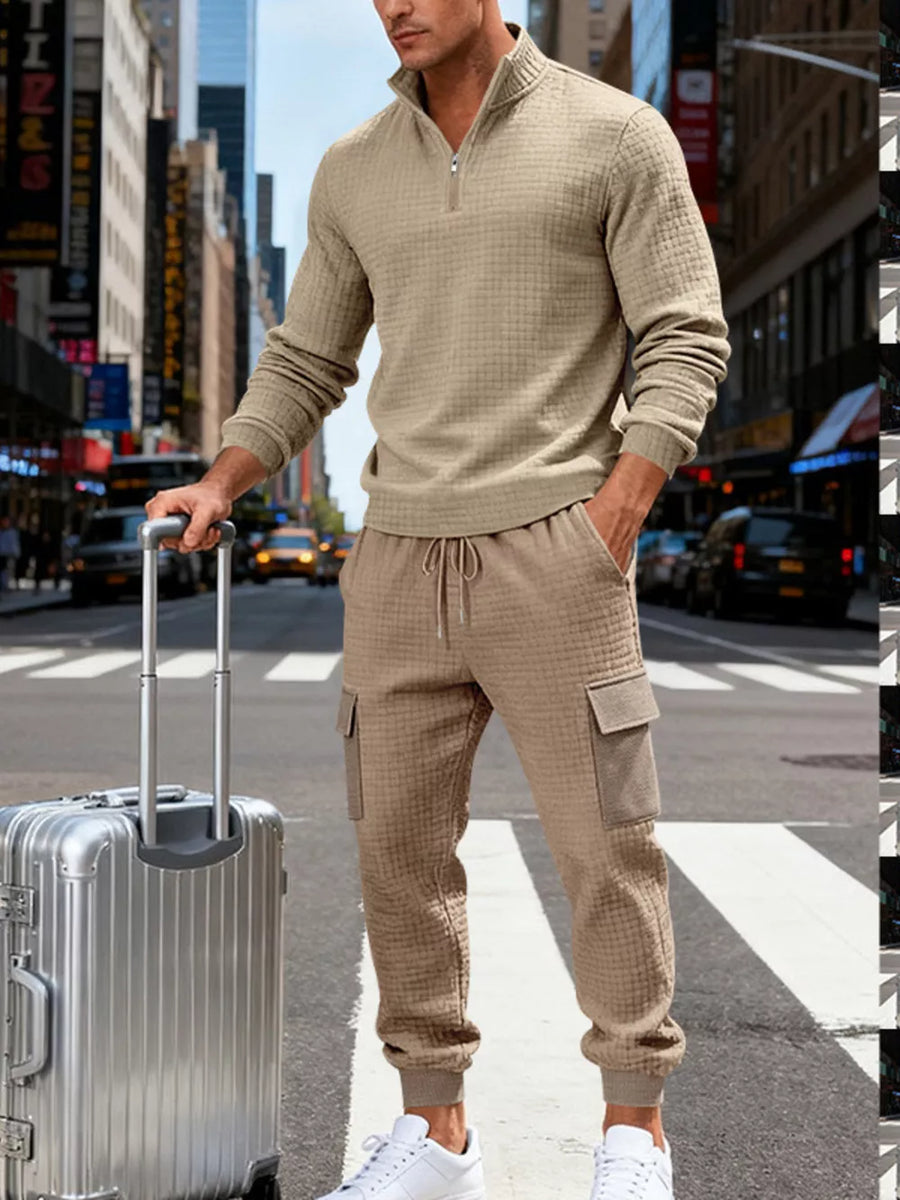 Men's Quarter-zip Top And Cargo Joggers Set Plus Size in Dark Gray