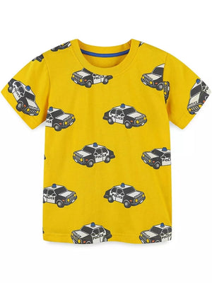 Yellow t-shirt with allover police car print and blue neckline trim.