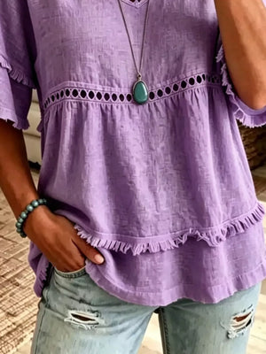 Eyelet V-neck Frayed Edge T-shirt in Lavender
