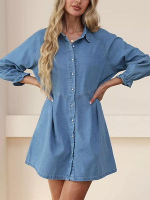 shirt dress in light blue featuring button-front and A-line fit