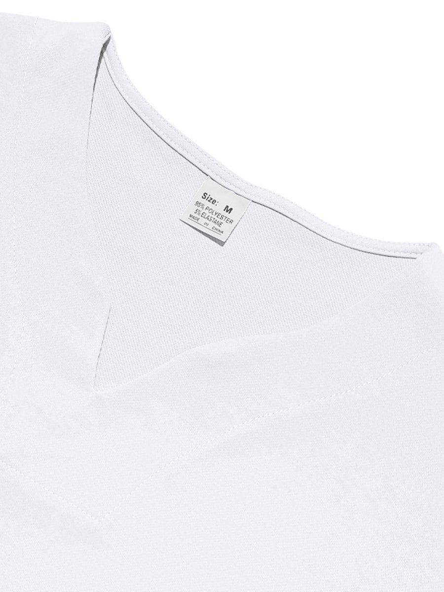 White notched V-neck t-shirt with a breathable cotton blend fabric.