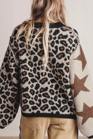 dark brown pullover sweater featuring stretch and leopard-print, animal-print, star