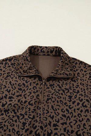 Leopard Print Quarter-zip Sweatshirt in Coffee Brown with zipper
